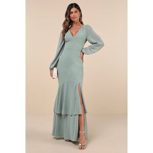 Lulus Tier Elegance Sage Brush Long Sleeve Tiered Maxi Dress Green - Size S